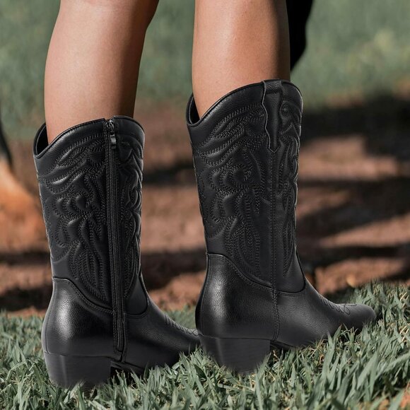 Women's Black Western Cowgirl Pointed Toe Zipper Mid Calf Horse Riding Boots - Picture 5 of 6